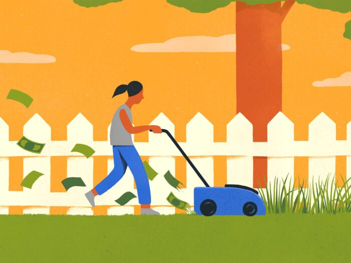 Illustration of a kid cutting grass. Money flies behind the lawnmower, signifying a kid-run service business