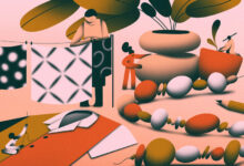 איור של מספר אנשים שעובדים על מלאכת יד גדולת ממדים כגון קדרות, אמנות טקסטיל ותכשיטים