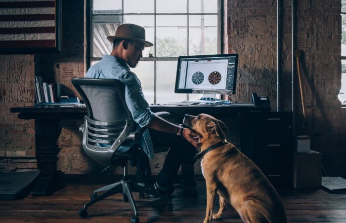 A person sitting at a desk and a dog look at each other