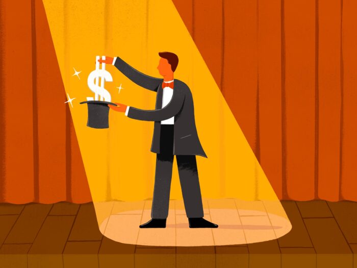 Illustration of a kid pulling a large dollar sign out of a hat on stage, representing a kid-run magician business