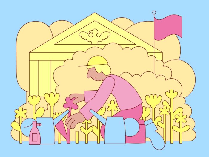 Illustration of a person gardening the lawn of a federal building