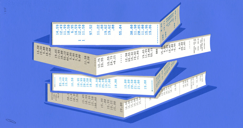 Illustration of stacked books with receipt tape printing along the page edges