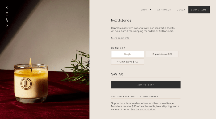 Online candle store example: KEAP Candles