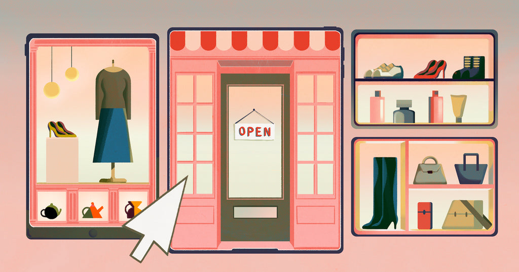 Illustration of a boutique retail shop front that has its window display as options to click in a web browser