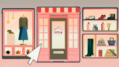 איור של חזית חנות קמעונאית בוטיק עם תצוגת החלון שלה כאפשרויות ללחוץ בדפדפן אינטרנט