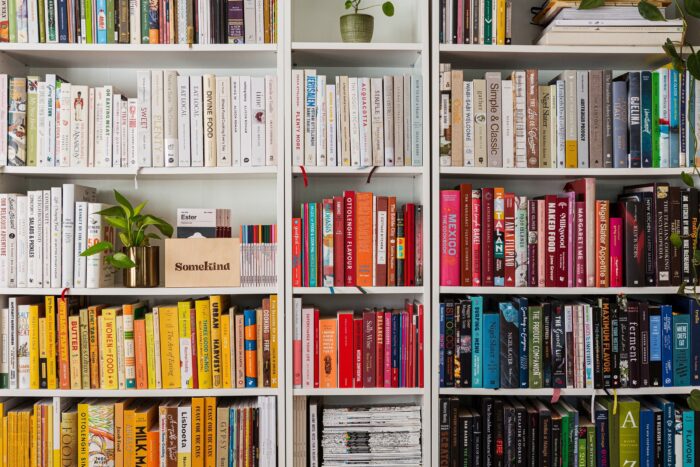 A wall to wall shelving unit full of books organized by color