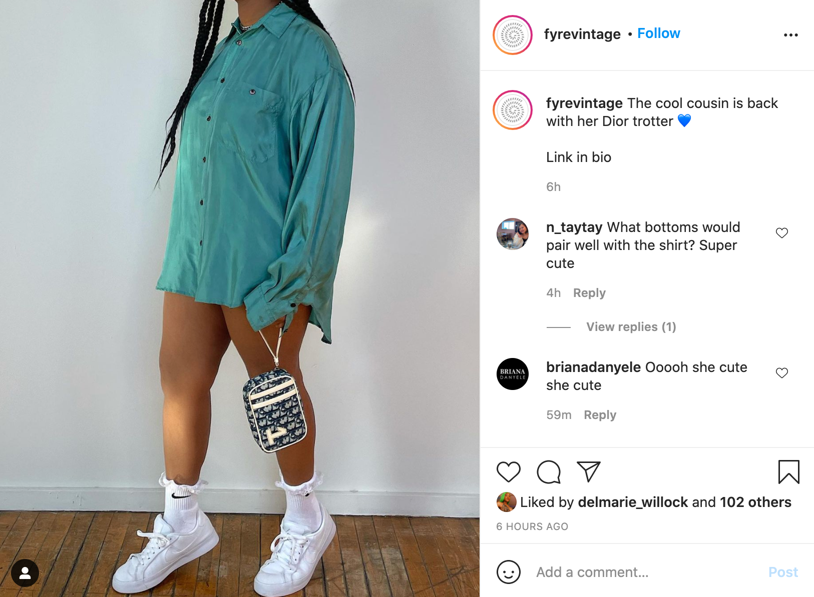 Instagram post from FYRE VINTAGE featuring a model wearing a long teal shirt