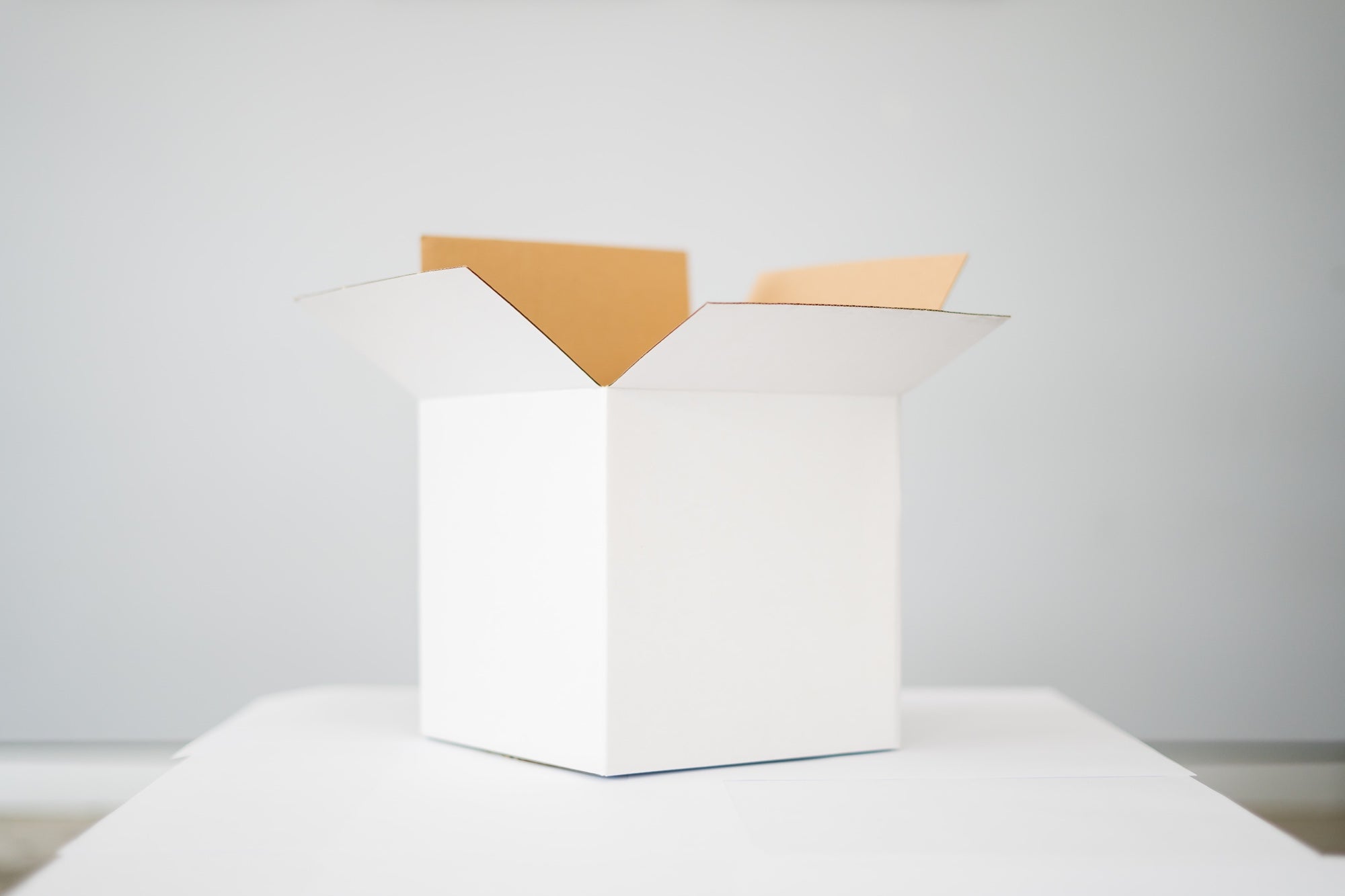 A plain white cardboard box sits open on the table