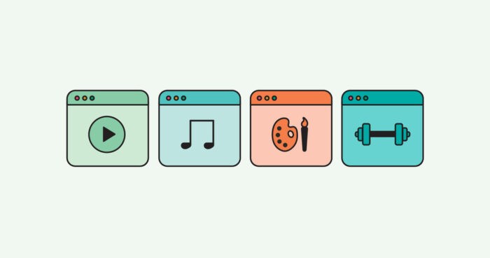 A series of digital products icons : music, video, art, fitness