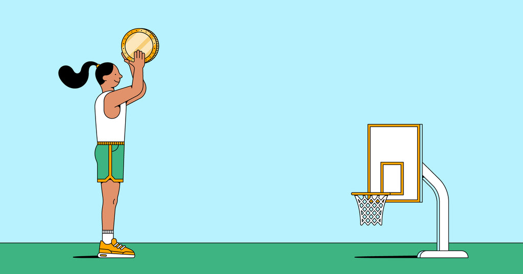 Illustration of a woman tossing a coin into a basket ball net placed very low as a metaphor for a low investment business idea.