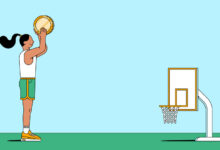 איור של אישה משליכה מטבע לתוך רשת כדור סל הממוקמת נמוך מאוד כמטאפורה לרעיון עסקי בהשקעה נמוכה.