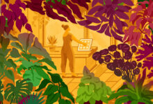 איור של בעלת חנות בתוך חנות הצמחים שלה ממוסגר על ידי מקלל כדי להראות סוחר שמוכר צמחים באינטרנט בעודו בעל חנות צמחים