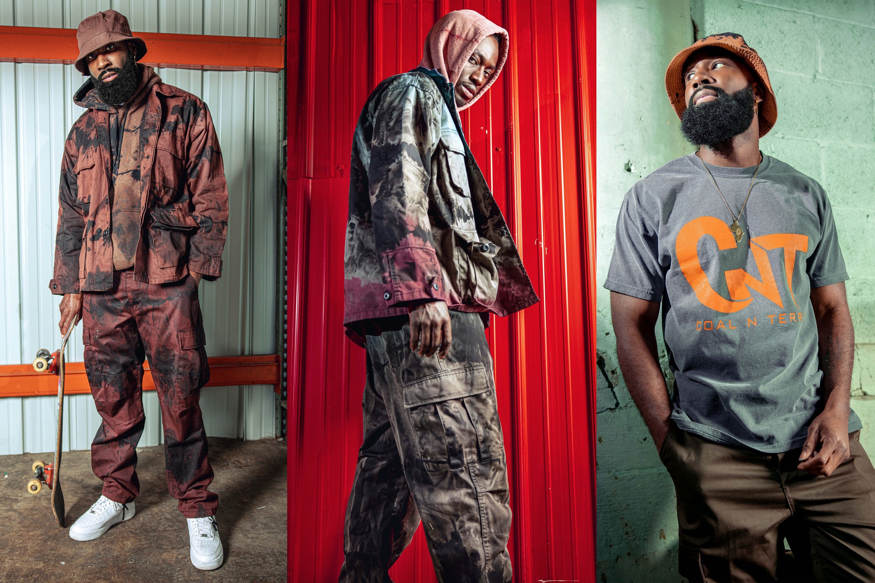 3-panel photo with models wearing tie-dyed hoodies and cargo pants