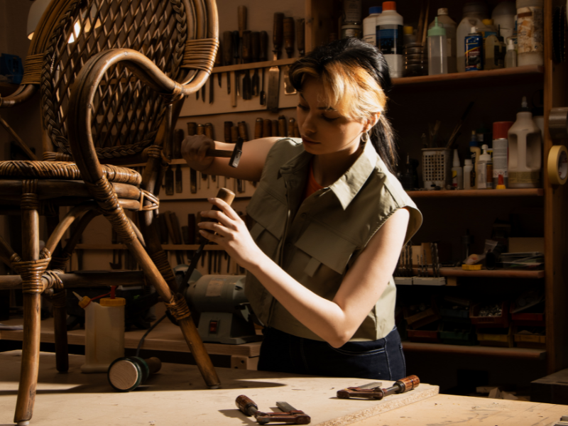 רעיונות עסקיים ברי קיימא - אישה מעצבת כיסא מעץ משוחזר.