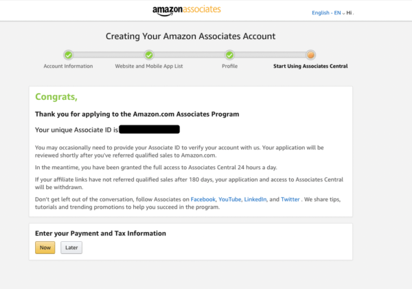 A screenshot of the Amazon Associates account set up page