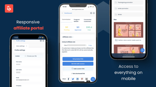 UpPromote's affiliate program landing page demonstrates its mobile accessibility.