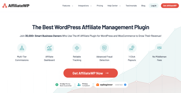 AffiliateWP plugin for WordPress with features like multi-tier commissions and payouts.