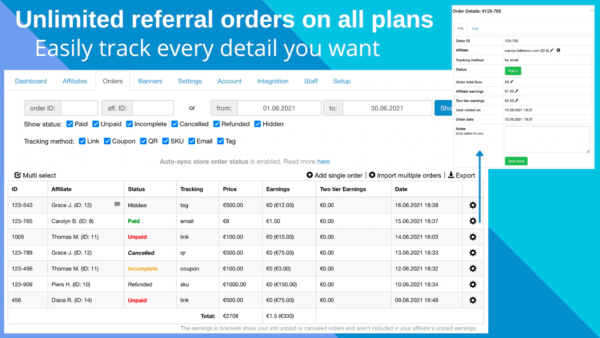 Affiliate management dashboard showing referral order tracking and earnings.