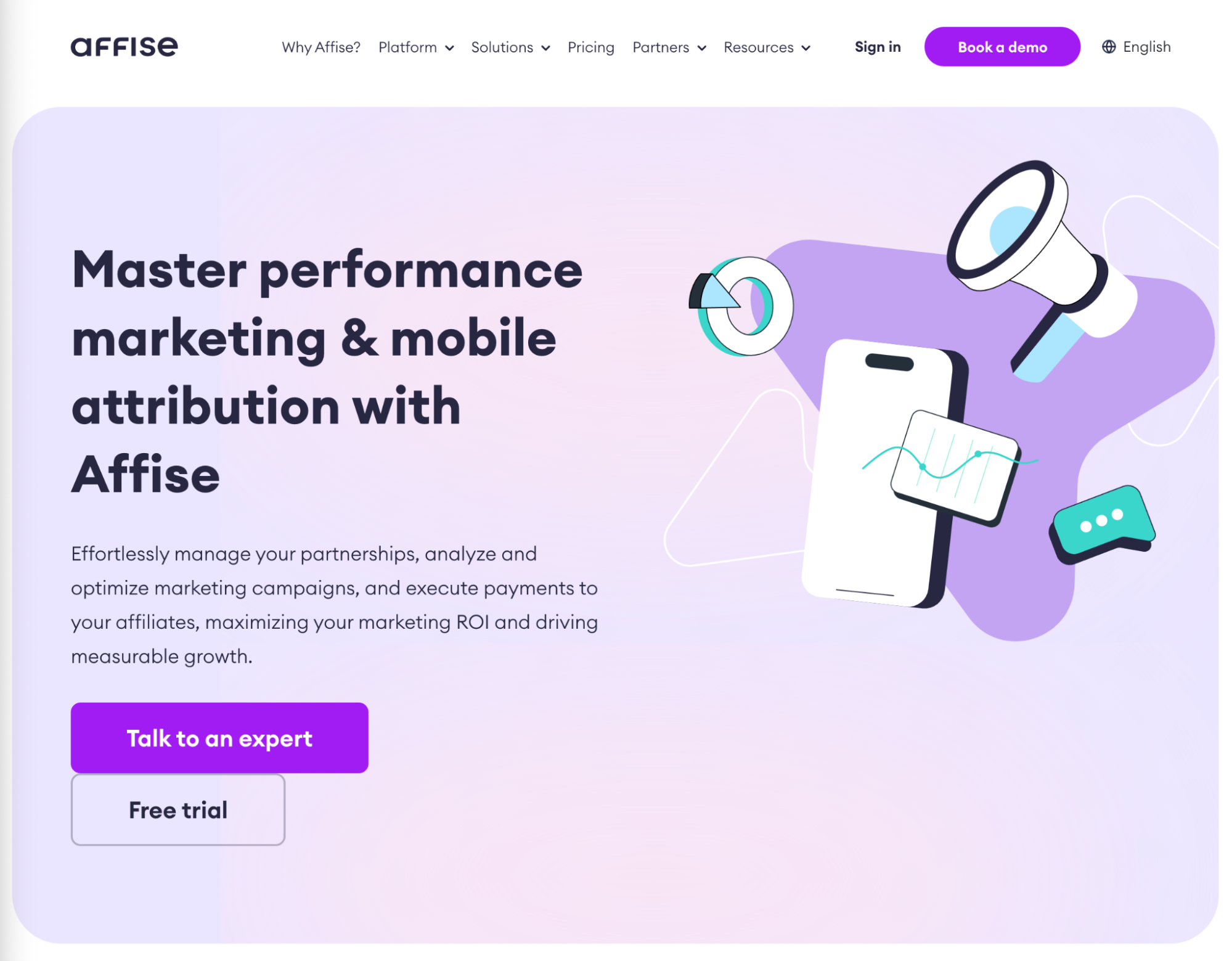 Affise platform promoting performance marketing and mobile attribution tools.