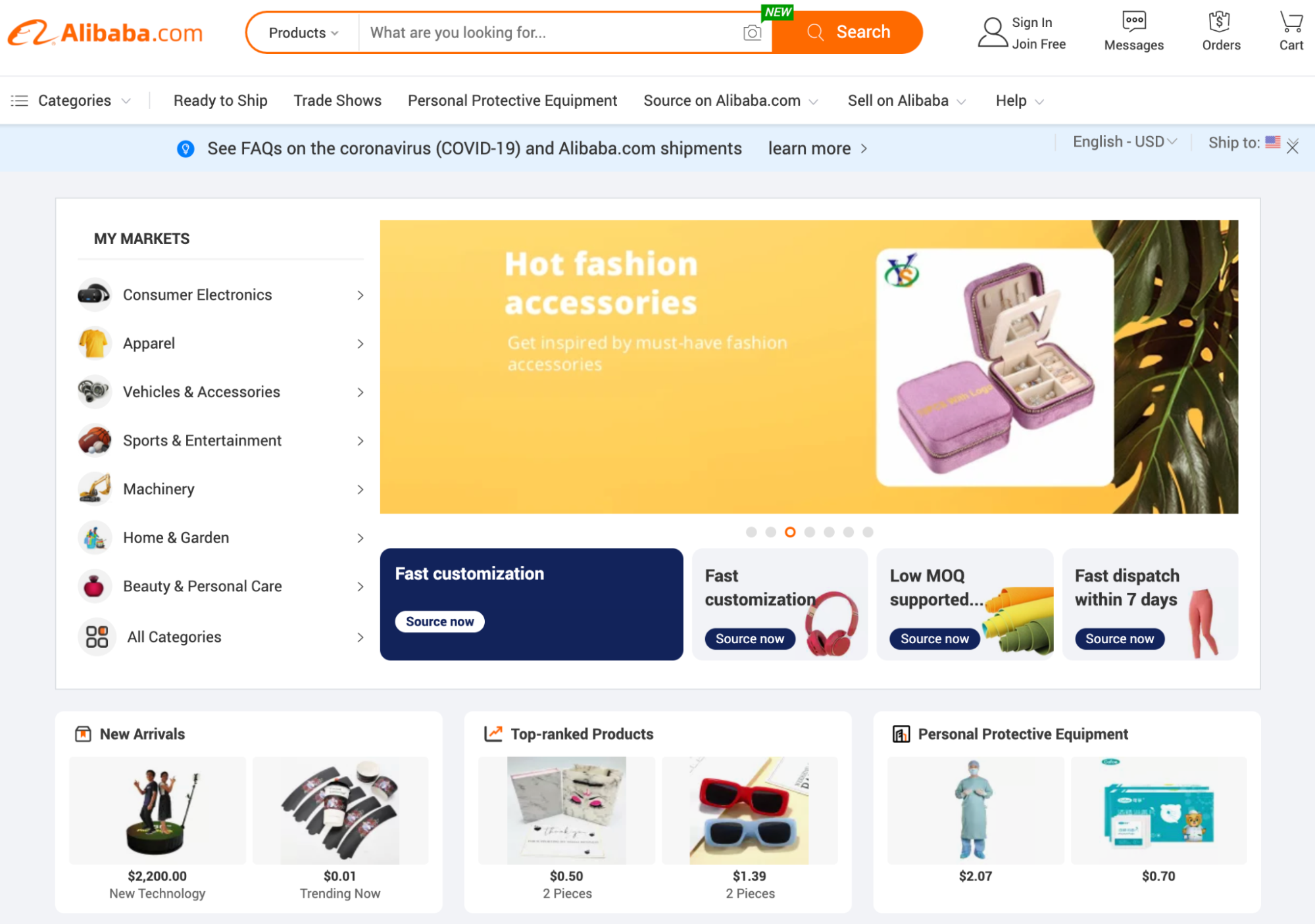 Screenshot of the Alibaba homepage showing the latest hot fashion accessories, new arrivals, and top-ranked products.