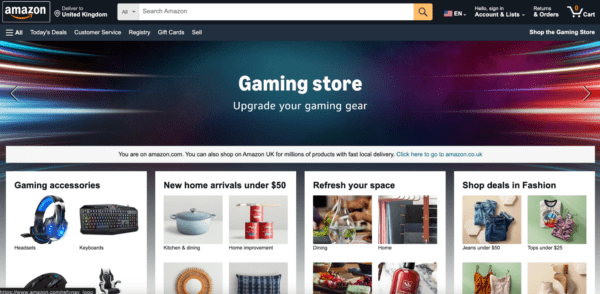 Amazon’s homepage showing a gaming equipment promotion.