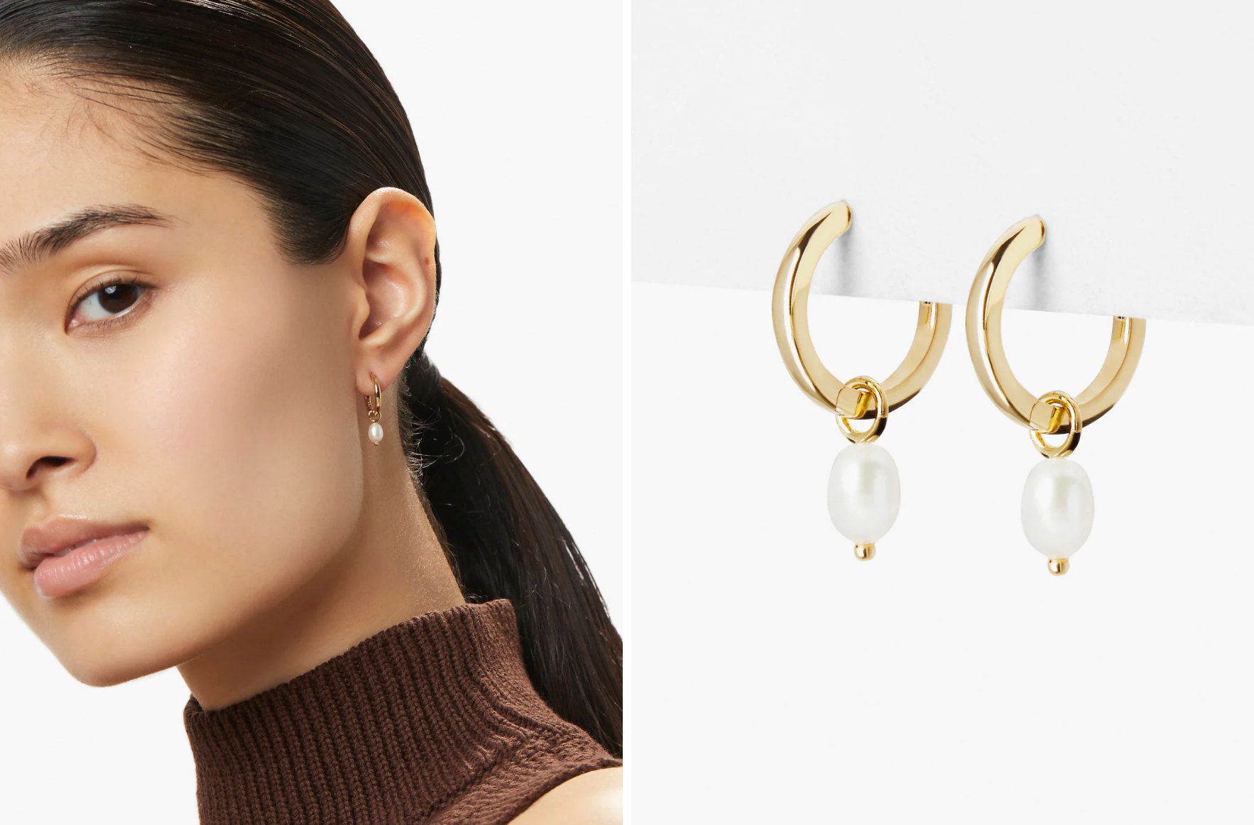 Side-by-side product images of the same earrings on a model and against a white background