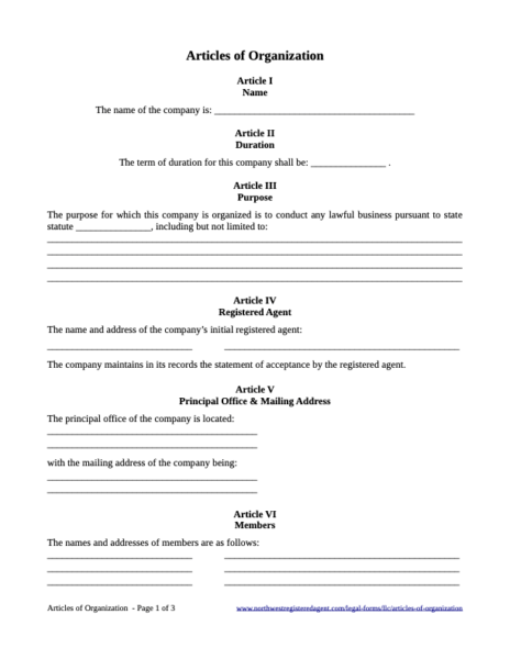 Template of Articles of Organization with sections for company name, duration, and purpose.