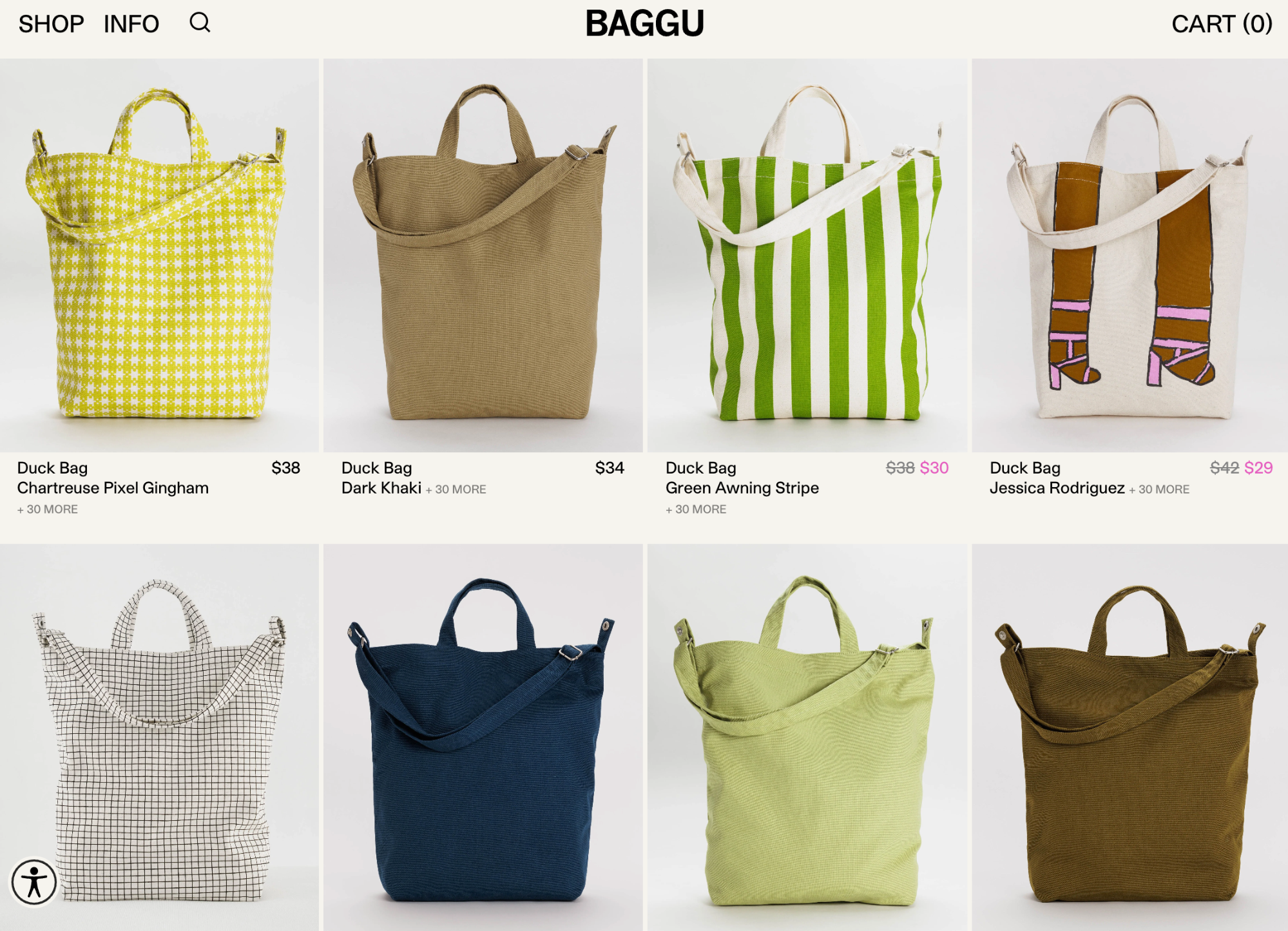 BAGGU online store showing colorful patterned tote bags for sale