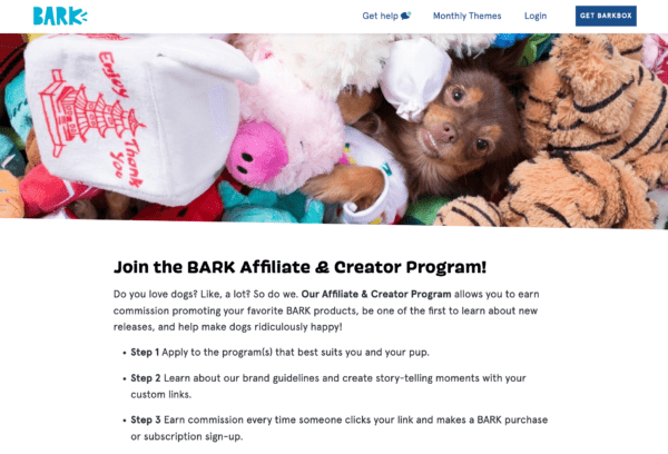 Barkbox affiliate program invitation with image of dog in stuffed animals.