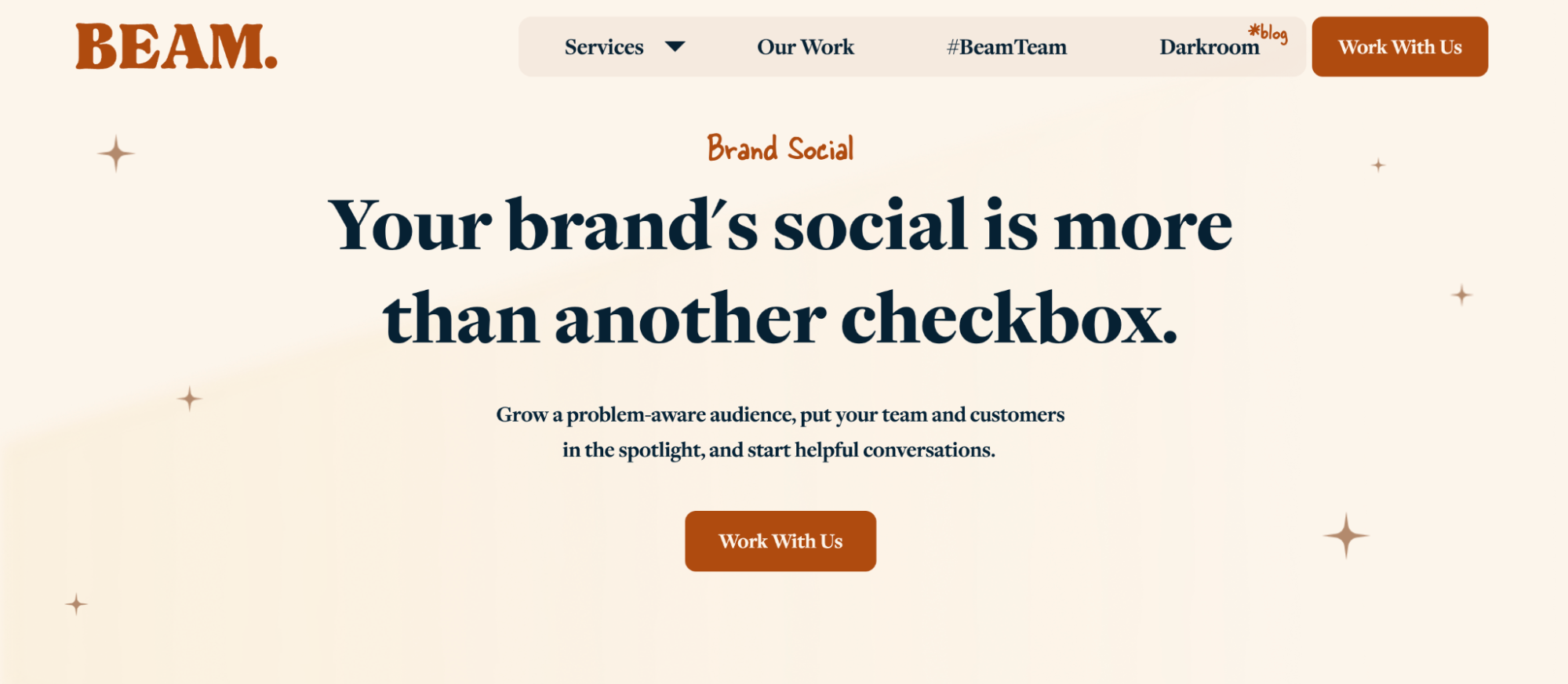 Beam’s landing page with a headline that says “Your brand’s social is more than another checkbox”.