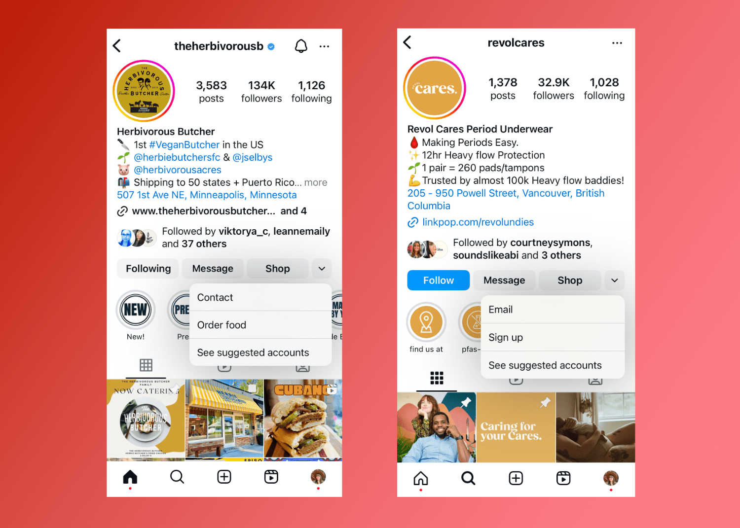 Side by side views of Instagram social media accounts in a mobile view