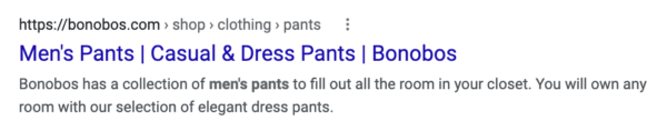 Bonobos's meta description for its men's pants category page