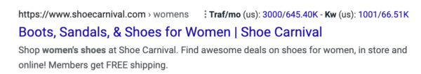 Shoe Carnival meta description uses a target keyword to show up in SERPs