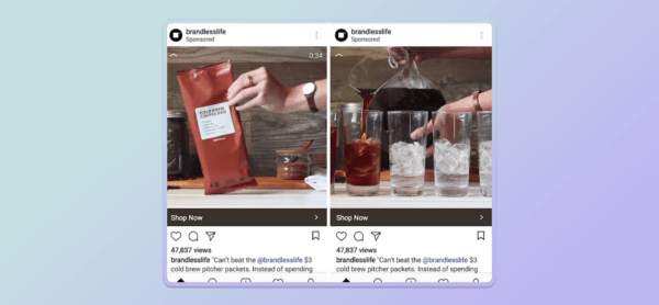 Video and static image ads from an Instagram campaign show a coffee product being brewed and poured