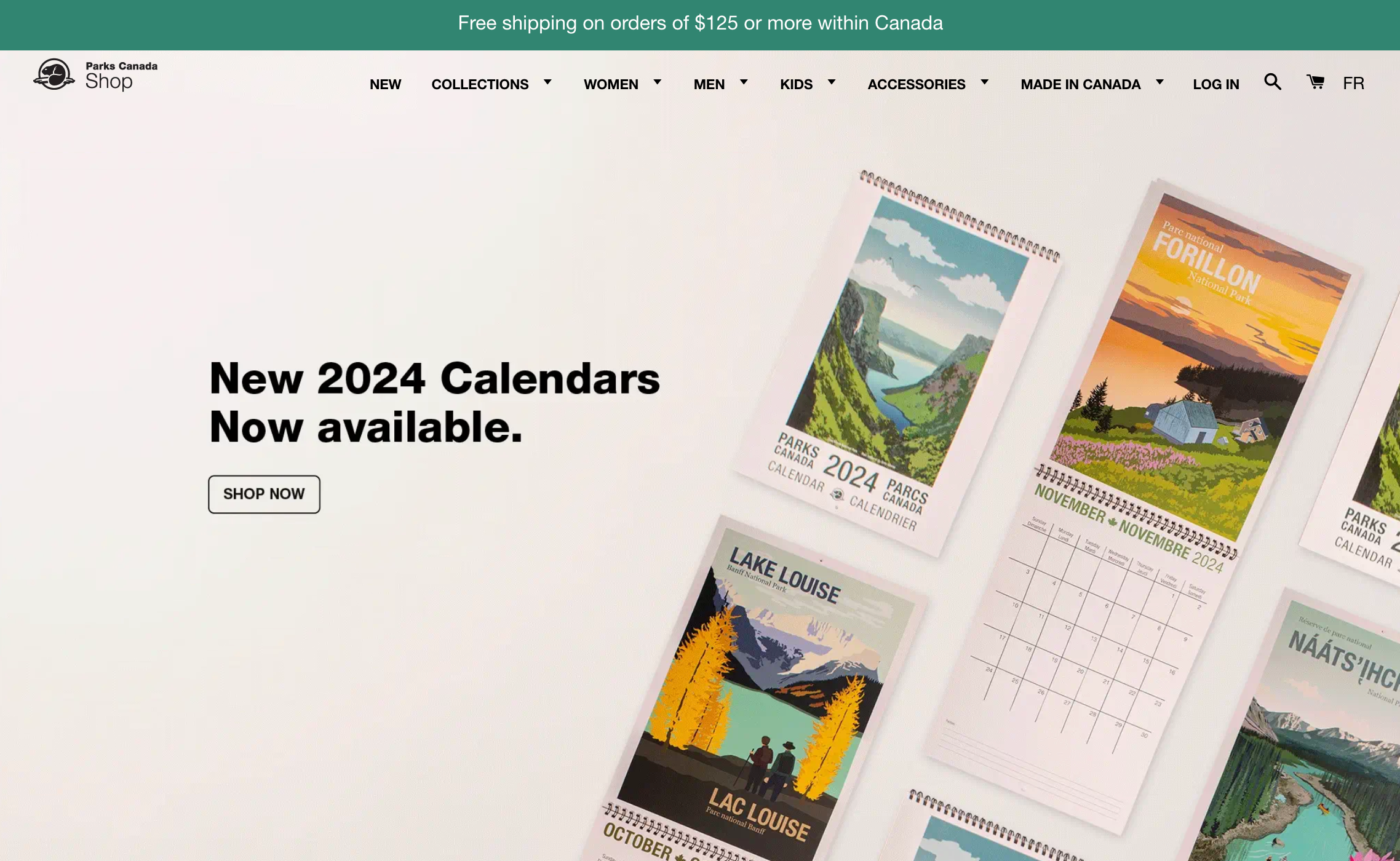 Parks Canada ecommerce website homepage featuring National Parks calendars