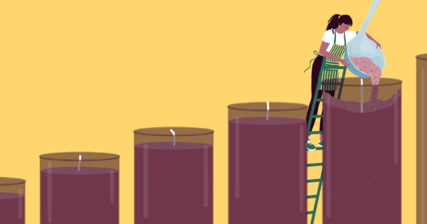 Illustration of a woman on a ladder pouring wax into a giant candle while starting a candle business