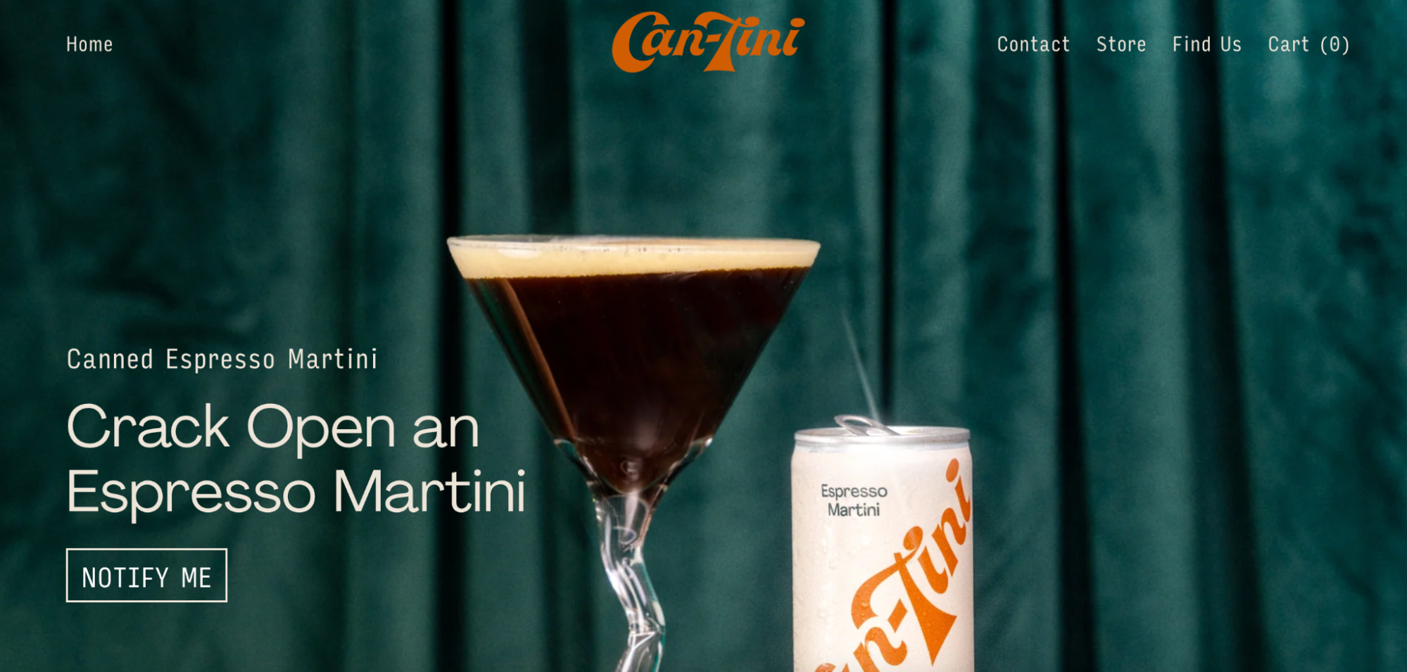 Can-Tini pre-launch page with photo of canned espresso martini and Notify Me button