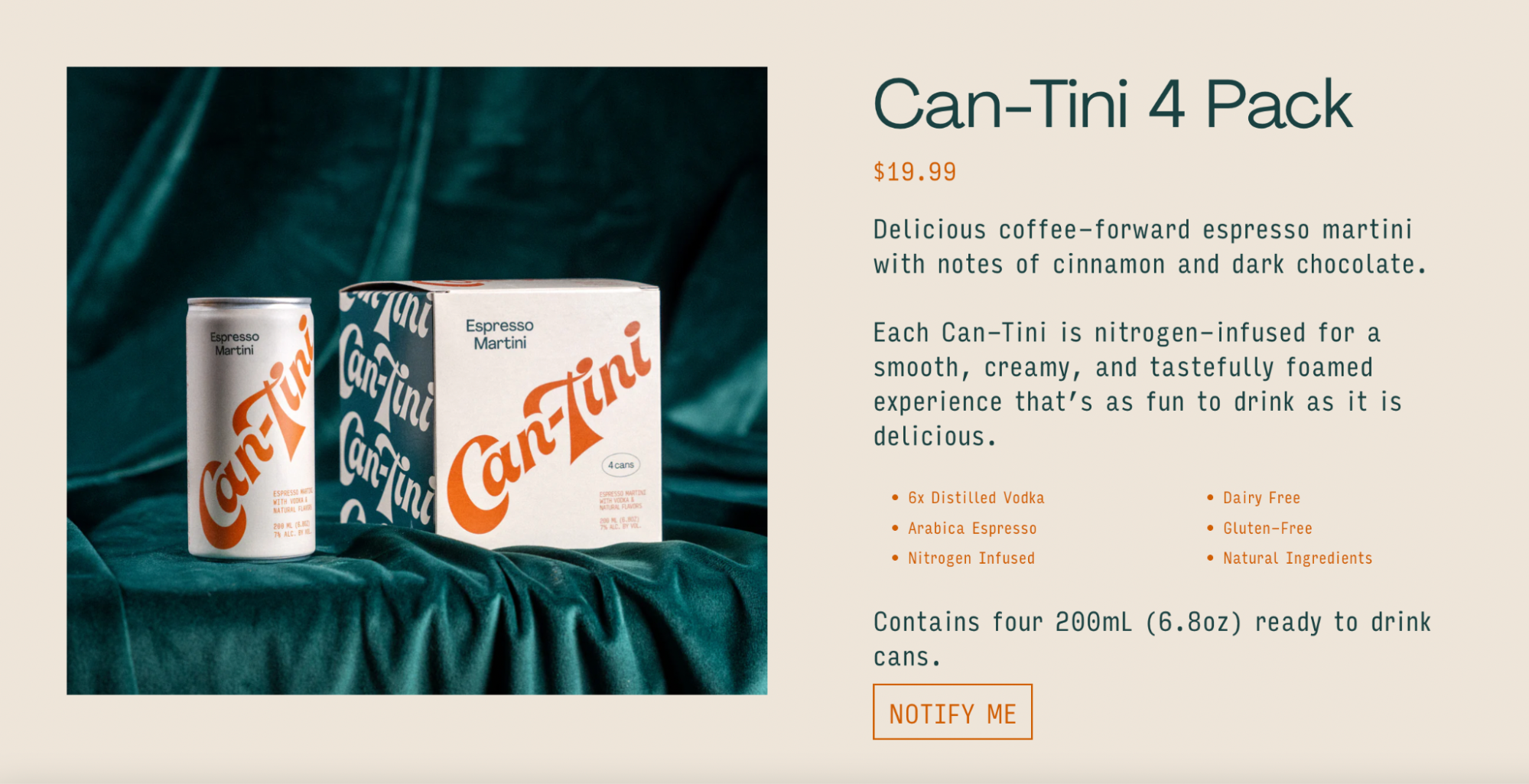 Product description for Can-Tini espresso martini 4-pack including price, ingredients, and Notify Me button