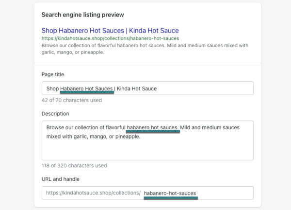 SEO example on Shopify when including keywords in page title, description, and URL