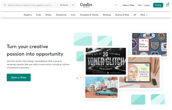 creative market homepage showing a collage of example websites