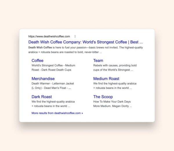 death wish coffee meta description example in SERP with schema markup