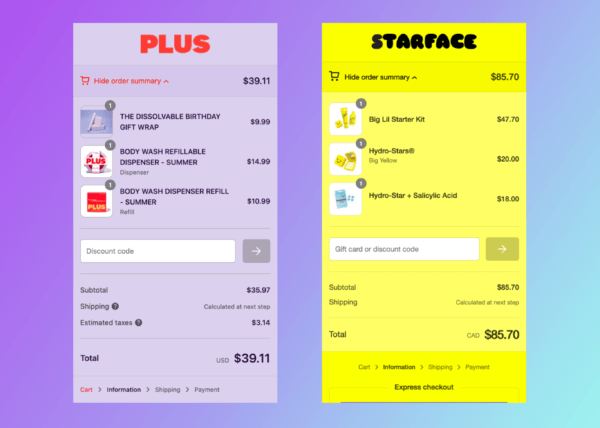 Side by side panels of mobile checkouts from two DTC ecommerce brands