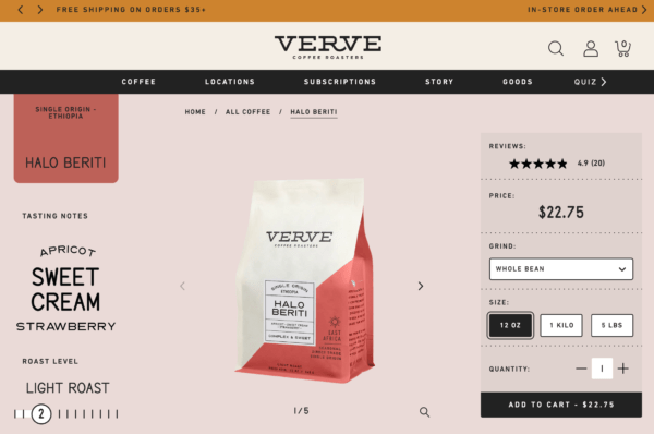 An ecommerce product page from the online store of Verve Coffee