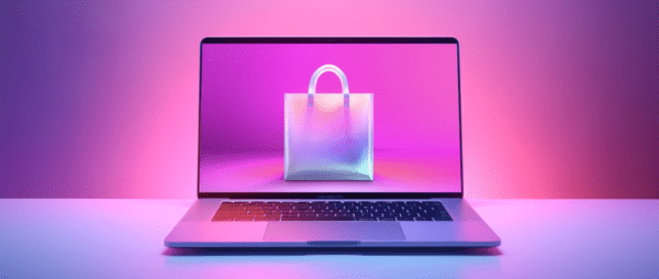 An illustration of a laptop displaying a shopping bag, representing the concept of an ecommerce platform.