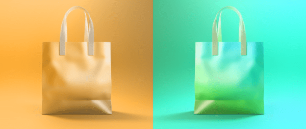 Two shopping bags on a colorblocked background representing Etsy and Shopify