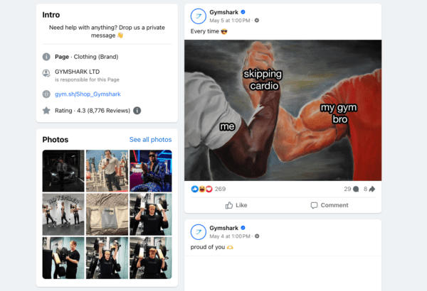 A Facebook business page from Gynmshark showing social proof