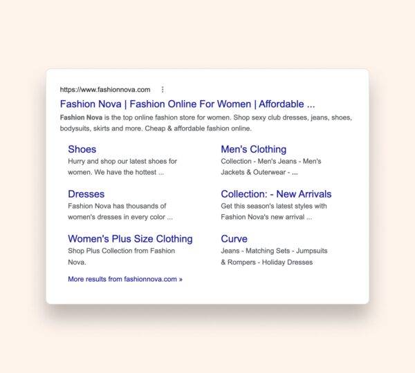 fashion nova meta description in SERP with schema markup for dresses, shoes, and more