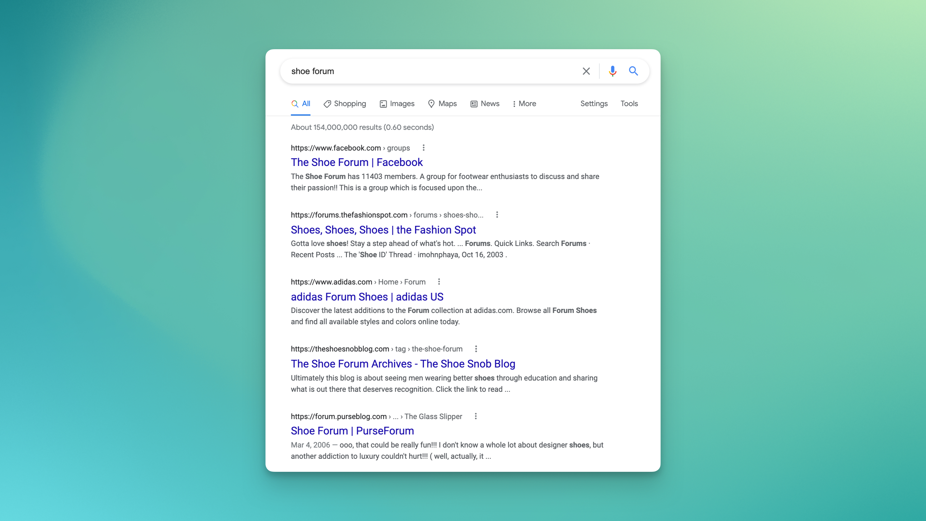 Screenshot of the Google search results for “shoe forum”