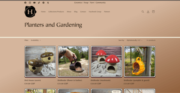 Screengrab of Halde Craft's Shopify website featuring pottery collections