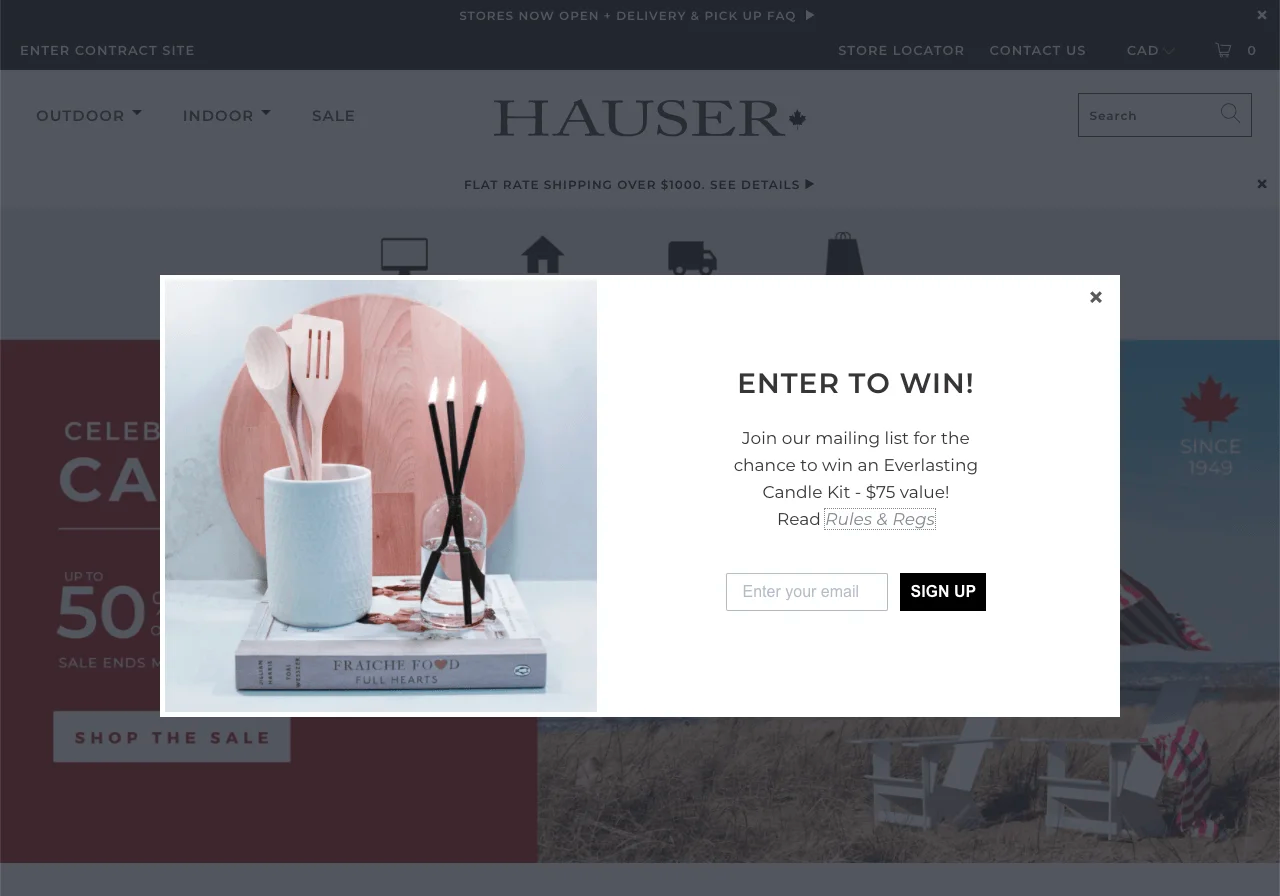 Hauser’s giveaway pop-up with an entry form and an image of wooden spoons in a pot.